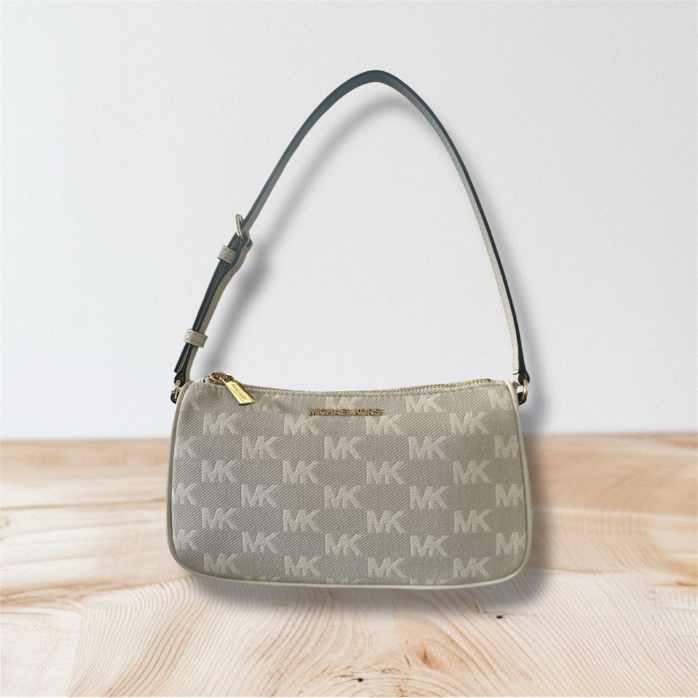 Michael Kors Taupe Monogram Shoulder Bag with Leather Handle